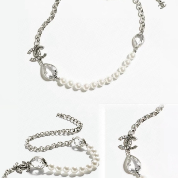 Chanel Double C Gunmetal Double Drop Chain Pearl Necklace - Picture 6 of 8